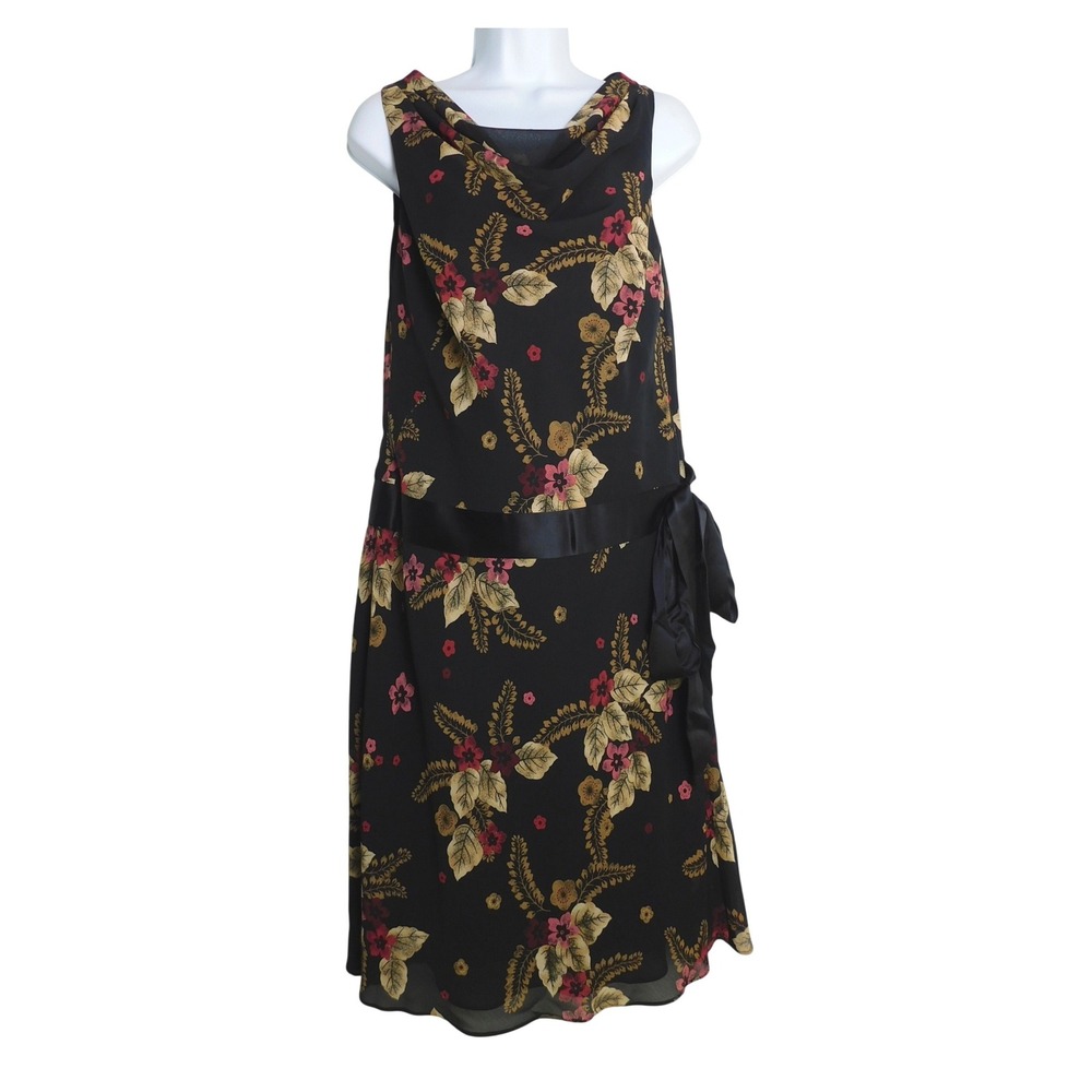 Ann Taylor LOFT Floral Y2K Shift Dress Black Pink Satin Bow Size 6